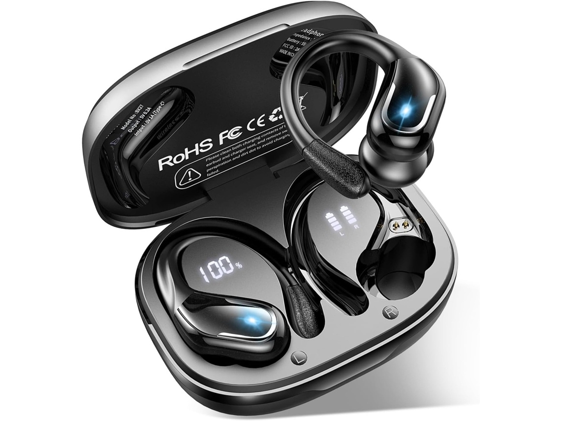Lurelia Auscultadores Desportivos Bluetooth 5.3 Sem Fios 75h Visor Led Ipx7 Com Microfone Cancelamento De Ruído Hi-fi Graves Profundos Com Ganchos
