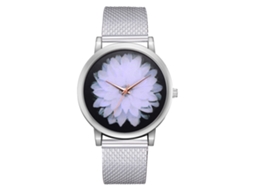Relógio feminino de quartzo com pulseira de malha e mostrador redondo com estampa floral prateada.