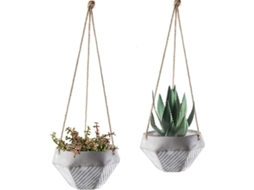 Conjunto de 2 vasos suspensos de cimento com corda de vime ajustável para plantas suculentas e cactos de interior.