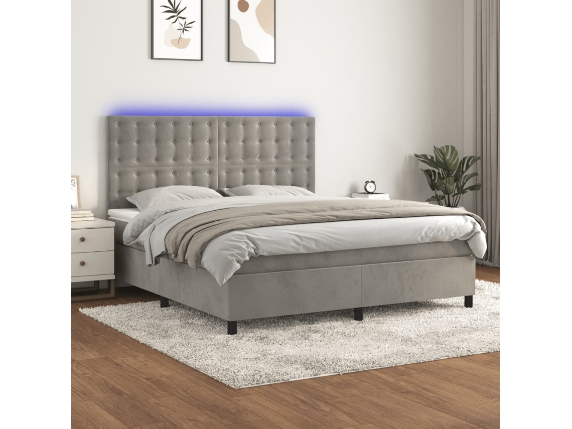 Vidaxl Cama Box Spring C/ Colchão/led 160x200 Cm Veludo Cinzento-claro