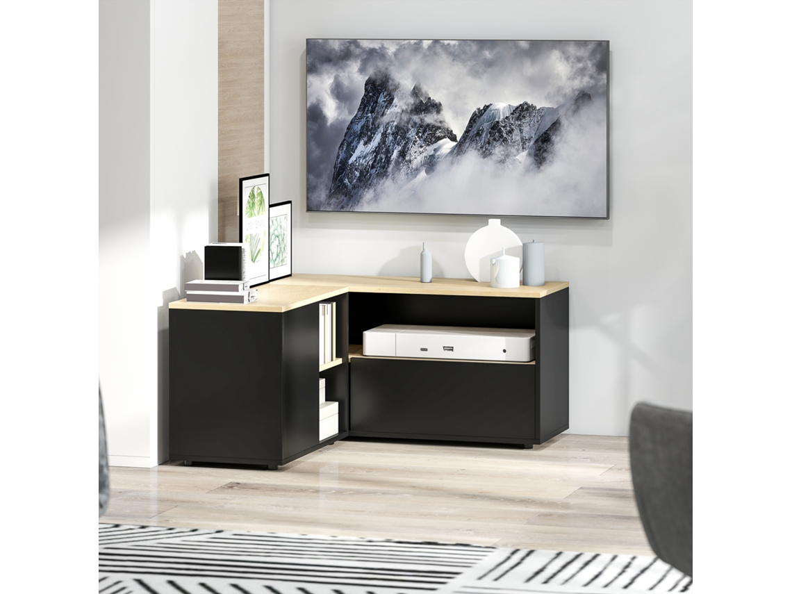 Suporte De Canto Para Tv Até 40 Polegadas, 2 Armários, 3 Nichos, Carvalho E Preto, 90x90x45 Cm
