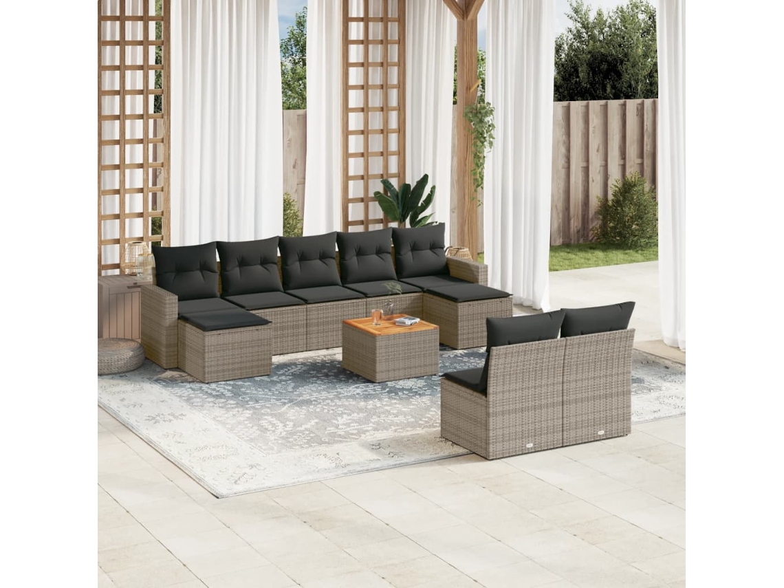 Vidaxl 10 Pcs Conjunto Sofás De Jardim C/ Almofadões Vime Pe Cinzento