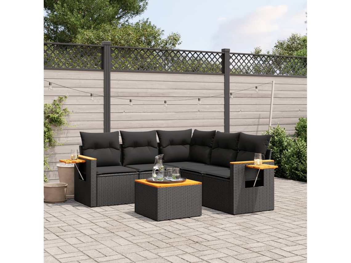 Vidaxl 6 Pcs Conjunto Sofás de Jardim C/ Almofadões Vime Pe Preto