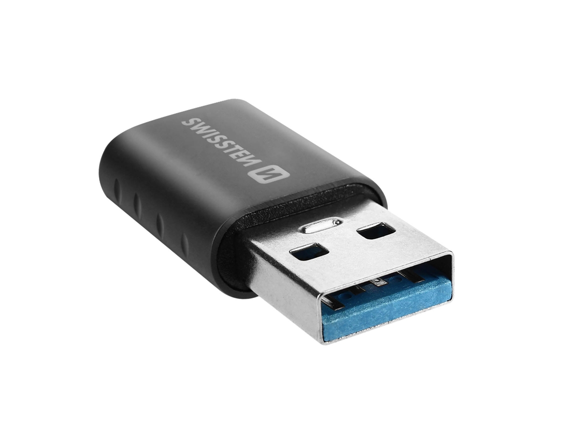 Adaptador USB-A(M) para USB-C(F), permite ligar periféricos USB-C a computadores com porta USB.