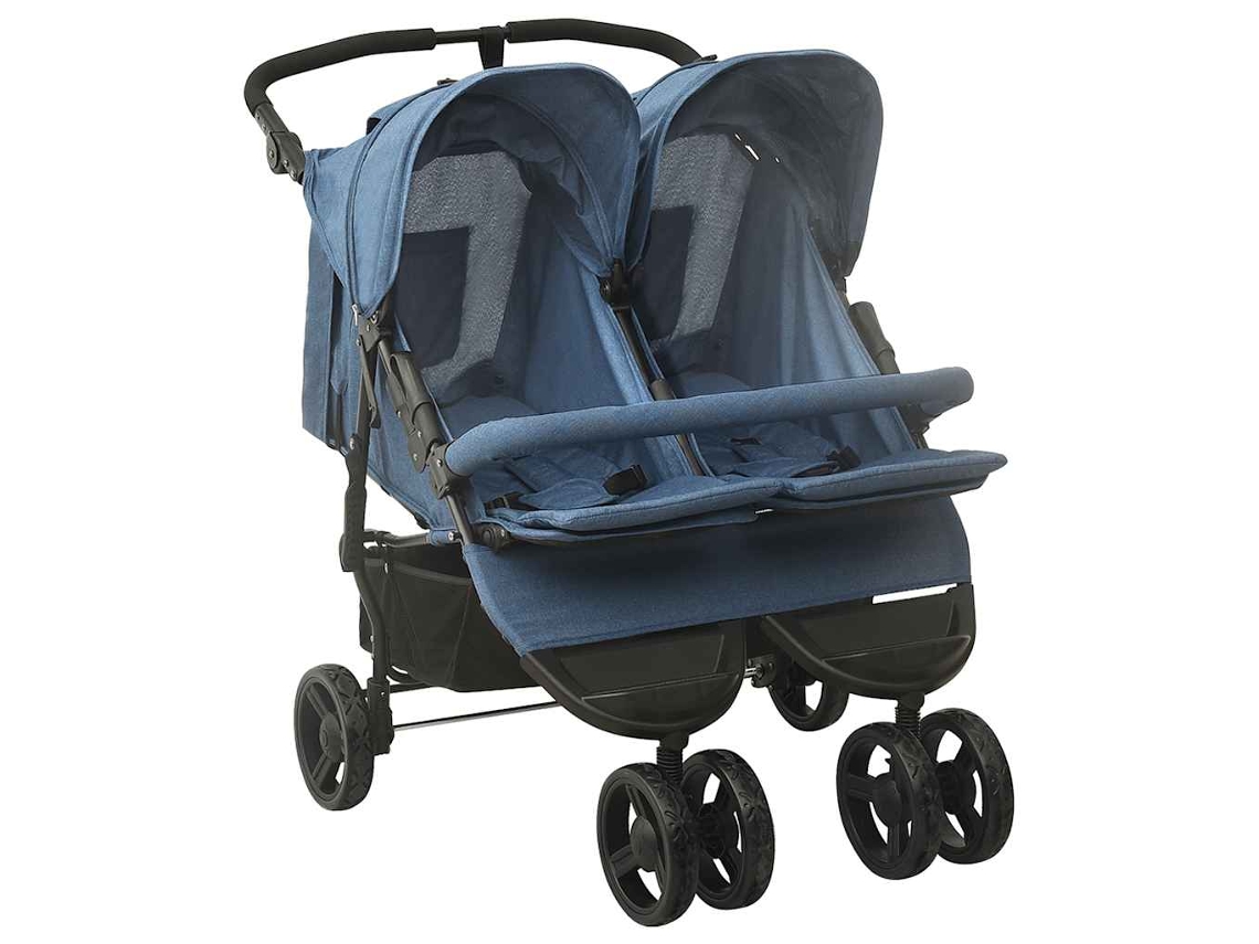 Vidaxl Carrinho De Bebés Para Gémeos Aço Azul-marinho