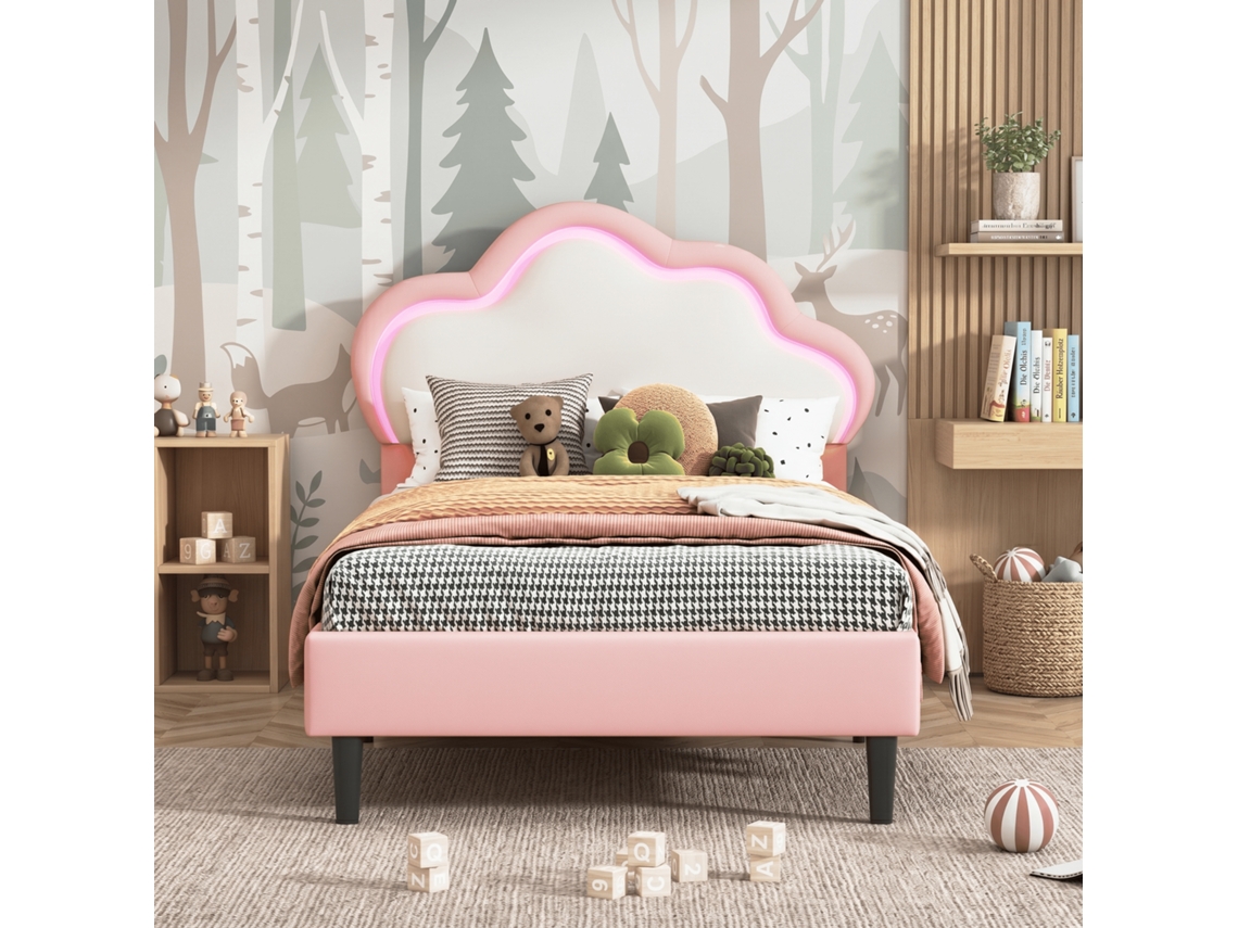 Cama estofada 90x200 cm solteiro design de nuvem rosa e branca com iluminação led controlada por app cabeceira ajustável em pele sintética RESETIZE