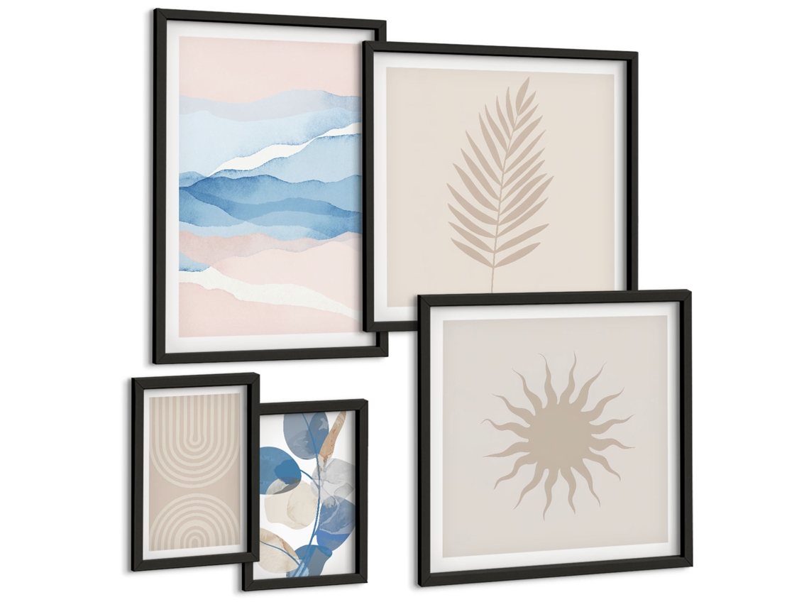 Quadros Decorativos Para Parede Grama Da Praia, Ondas, Pedras Boho Moldura Preta Pinturas De Quarto Espelharte (conjunto De 5 Imagens)