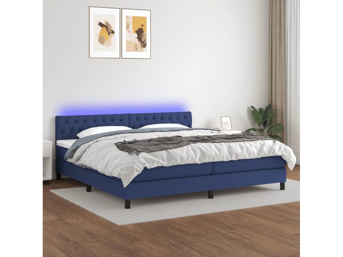 Vidaxl Cama Box Spring C/ Colchão E Led 200x200 Cm Tecido Azul