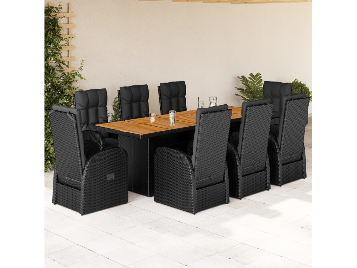 9 Pcs Conjunto De Jantar P/ Jardim C/ Almofadões Vime Pe Preto Dkd Home Decor