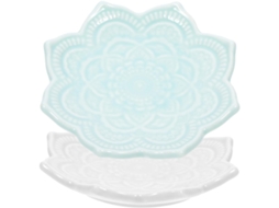 Bandeja Decorativa De Cerâmica Em Formato De Mandala Com 2 Peças, Organizador Branco E Azul Celeste.