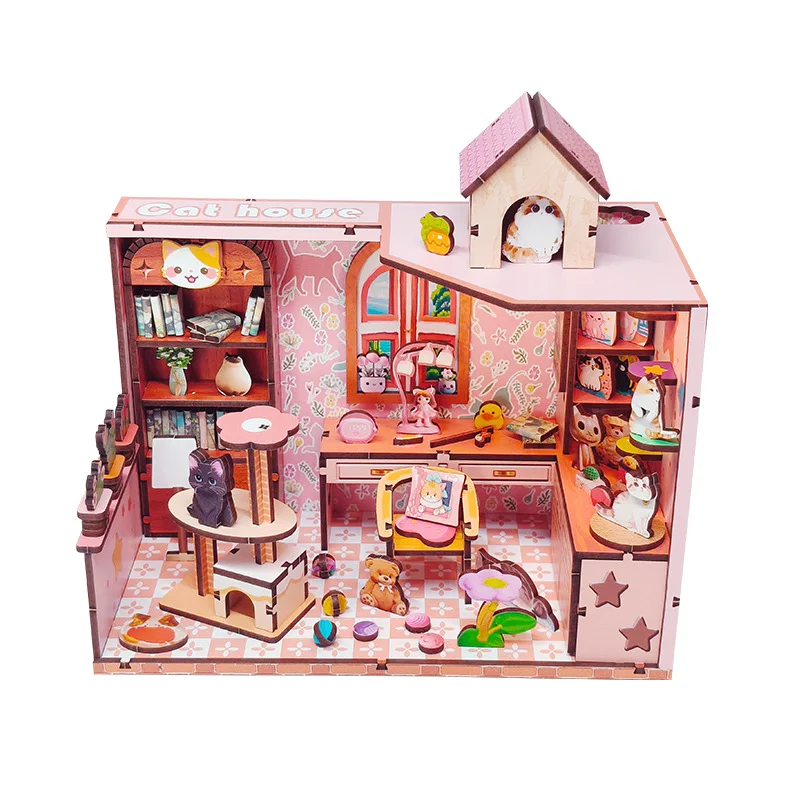 Kit para Montar Casa de Gato em Miniatura, Quebra cabeça 3d de Madeira e Cantinho de Leitura. MDUG