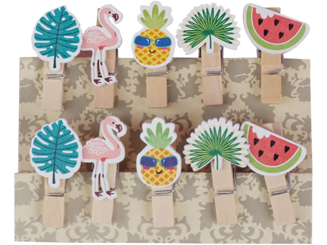 Conjunto 30 Prendedores Fotos Decorativos Madeira Desenhos Frutas Flamingos Folhas Ideais Decoração Artesanato GOKOCO