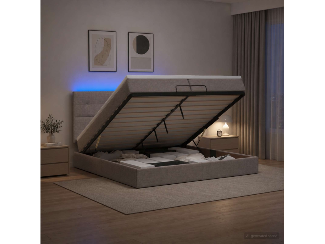 Vidaxl Cama Ottoman Com Colchão E Led Cinzento-acastanhado Tecido