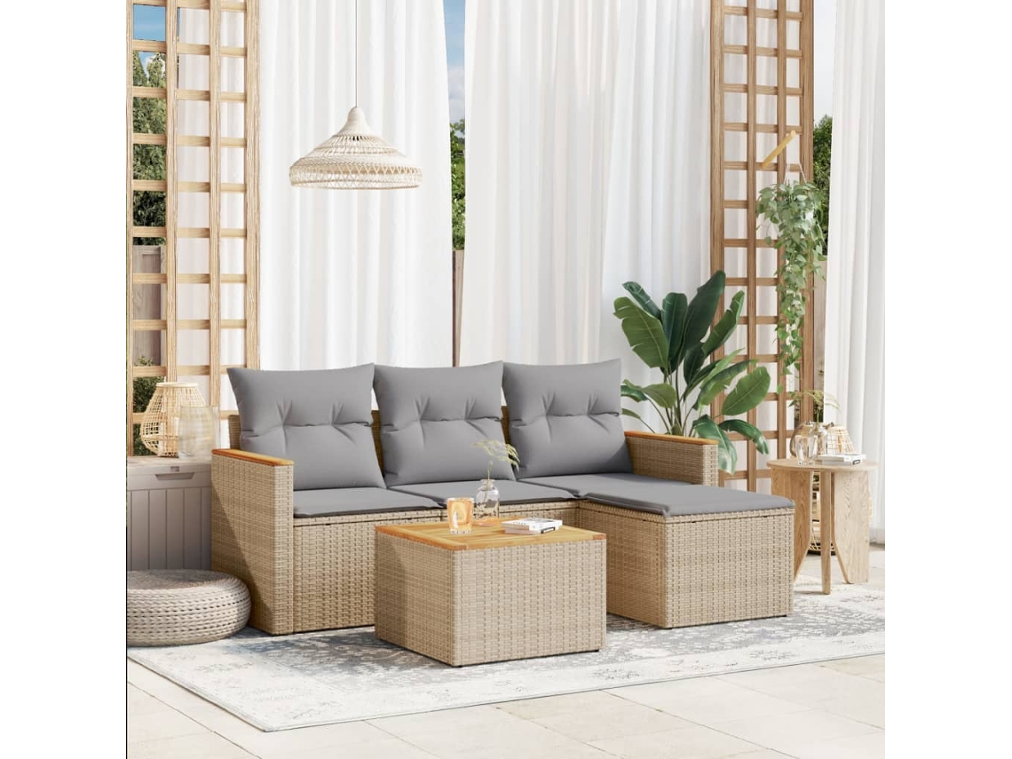 Vidaxl 5 Pcs Conjunto De Sofás P/ Jardim Com Almofadões Vime Pe Bege
