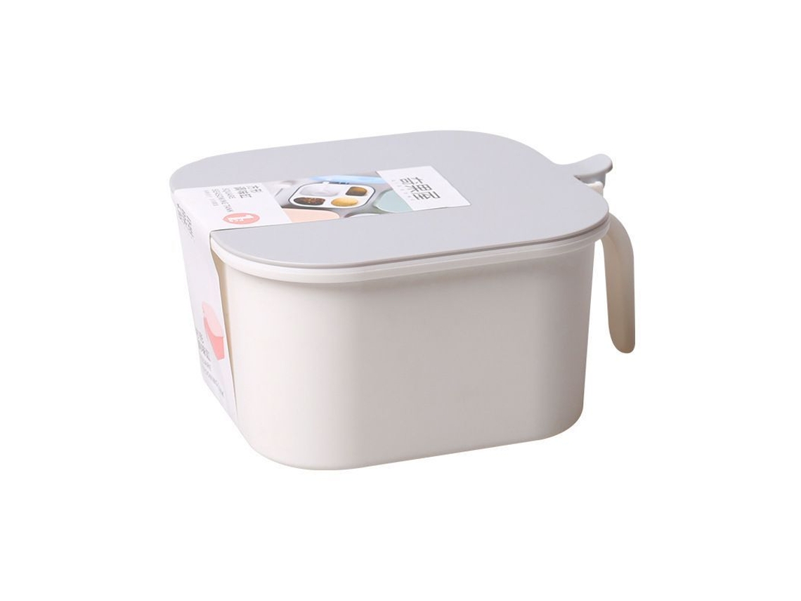Conjunto Rebe de 2 caixas quadradas para temperos com 4 recipientes e 4 compartimentos para pimenta, sal, açúcar e condimentos, nas cores branca e azul.