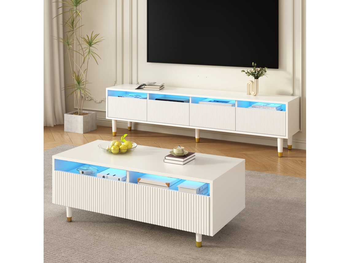Conjunto Móvel Led Branco Dourado Ondas Acrílico Sala
