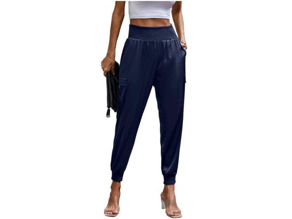 2026-pantalones Jogger De Seda Para Mujer De Cintura Alta Casual Con Bolsillos De Largo Xl Azul Marino