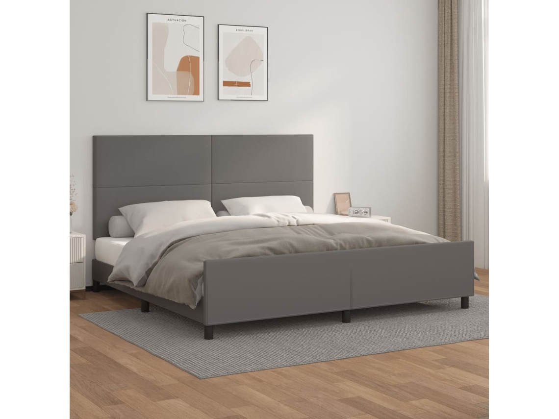 Vidaxl Estrutura Cama C/ Cabeceira 200x200cm Couro Artificial Cinzento