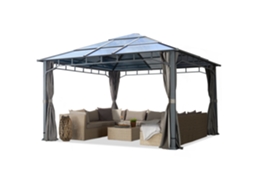 Gazebo De Jardim 4x4 M Em Alumínio, Teto Em Policarbonato Com Aprox. 8 Mm, 4 Cortinas Cinzentas Toolport