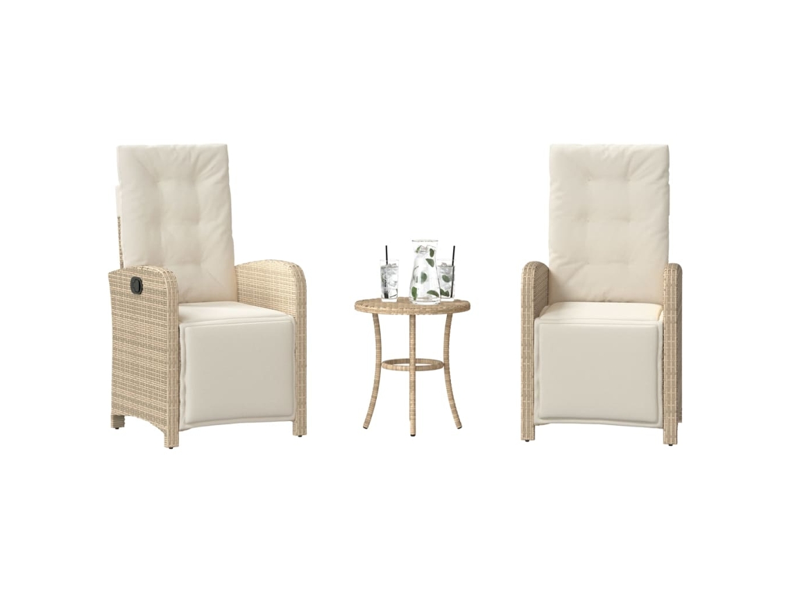 Vidaxl 3 Pcs Conjunto Bistrô Com Almofadões Vime Pe Bege