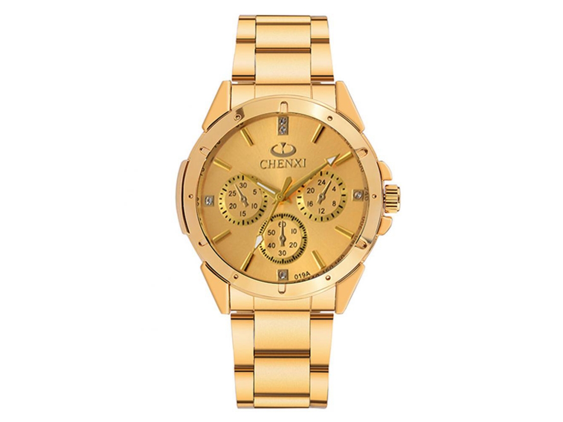 Relógio de casal de luxo em aço inoxidável com movimento de quartzo luminoso e strass (dourado para homem)