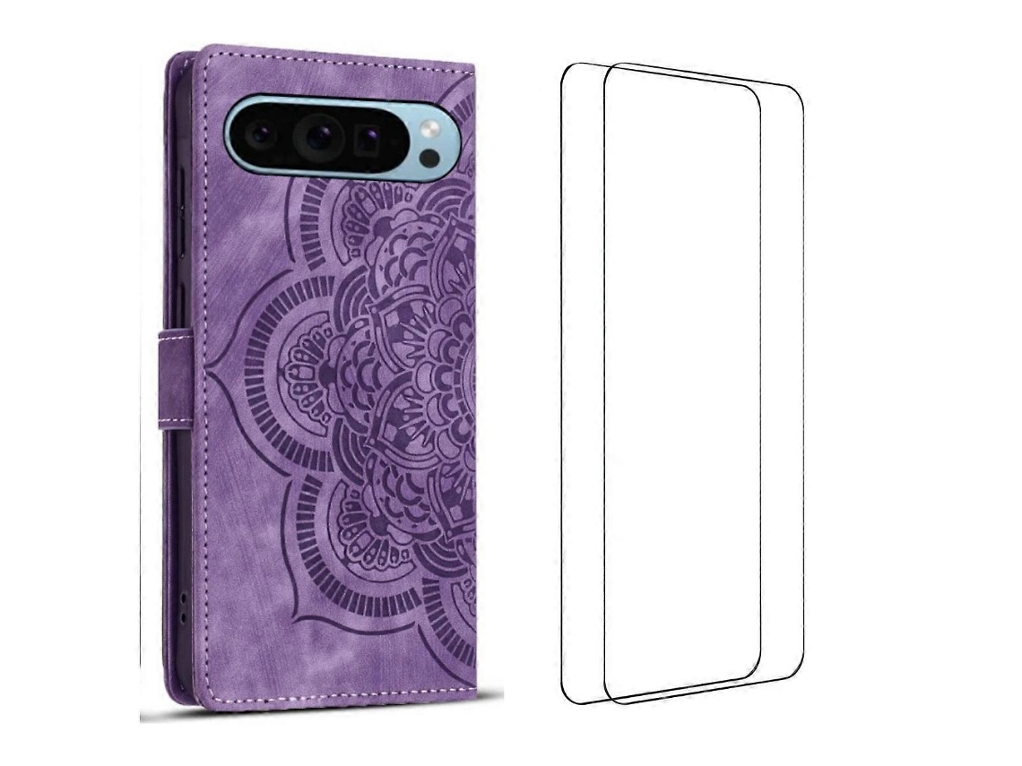 Capa Tkdaddy Para Google Pixel 10 Pro Xl Com 2 Peças De Vidro Temperado Wanlonfeng Mtl Series Mandala Couro Capa De Telefone Roxa