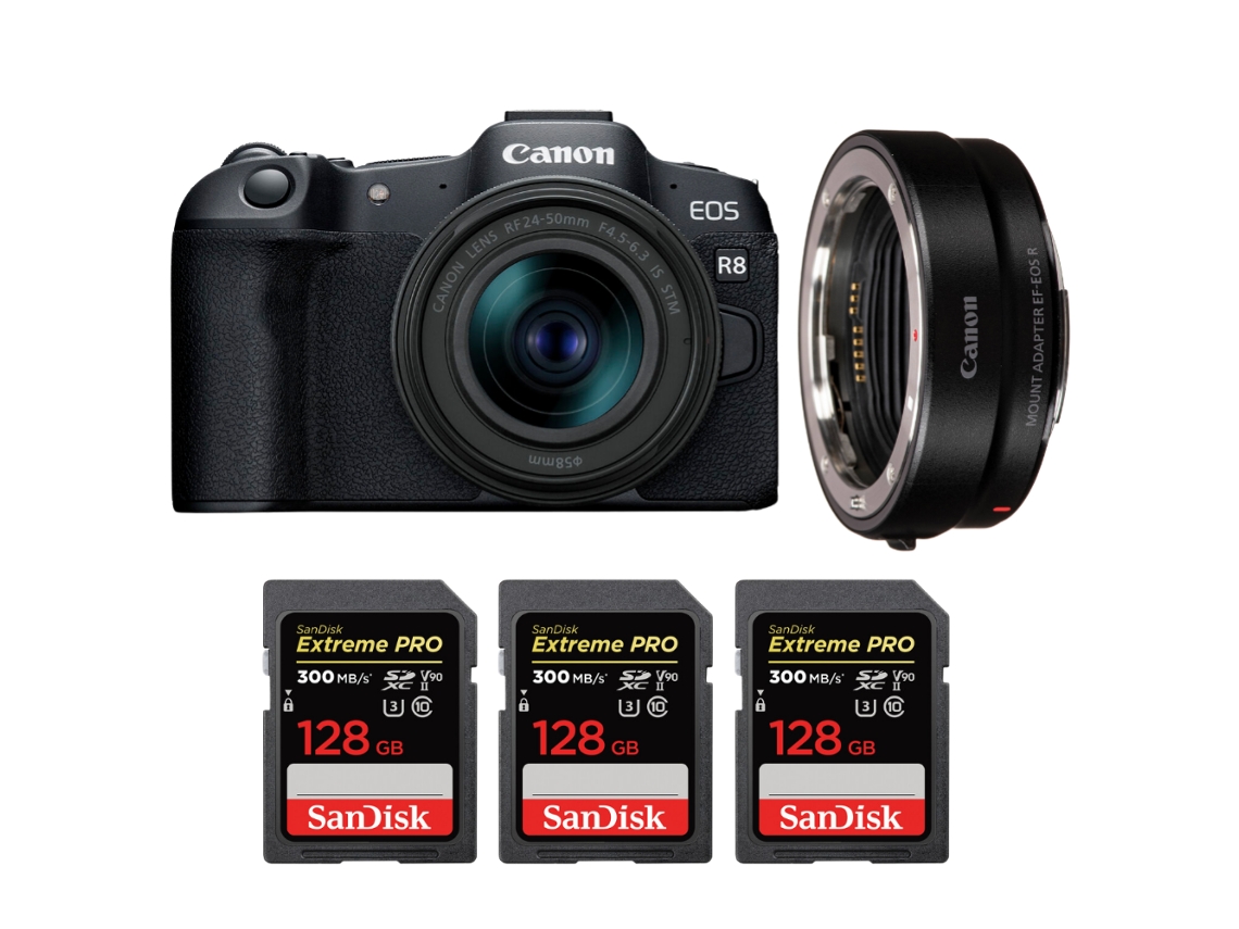 Eos R8 + Rf 24 50mm Is Stm + Ef eos R + 3 Sandisk 128gb Uhs ii 300mb/s + Ebook “20 Dicas para Fotos Que Impressionam” CANON
