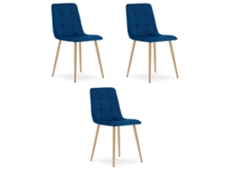 Cadeira De Jantar Conjunto De 3 Peças Pyra Assento Azul Marinho, Pés Na Cor Madeira, Assento De Veludo, Assento Ergonômico