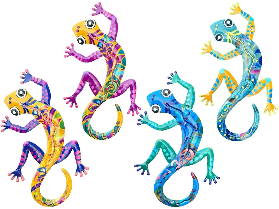 Coleção De Arte De Parede Gecko Com 4 Esculturas De Lagartos Em Metal |