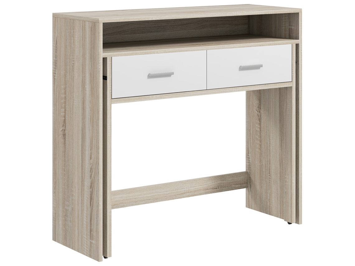 Mesa Consola De Entrada De 2 Níveis Com Trilhos Deslizantes 2 Gavetas 2 Rodas Móvel De 95x35x87 Cm Madeira E Branco