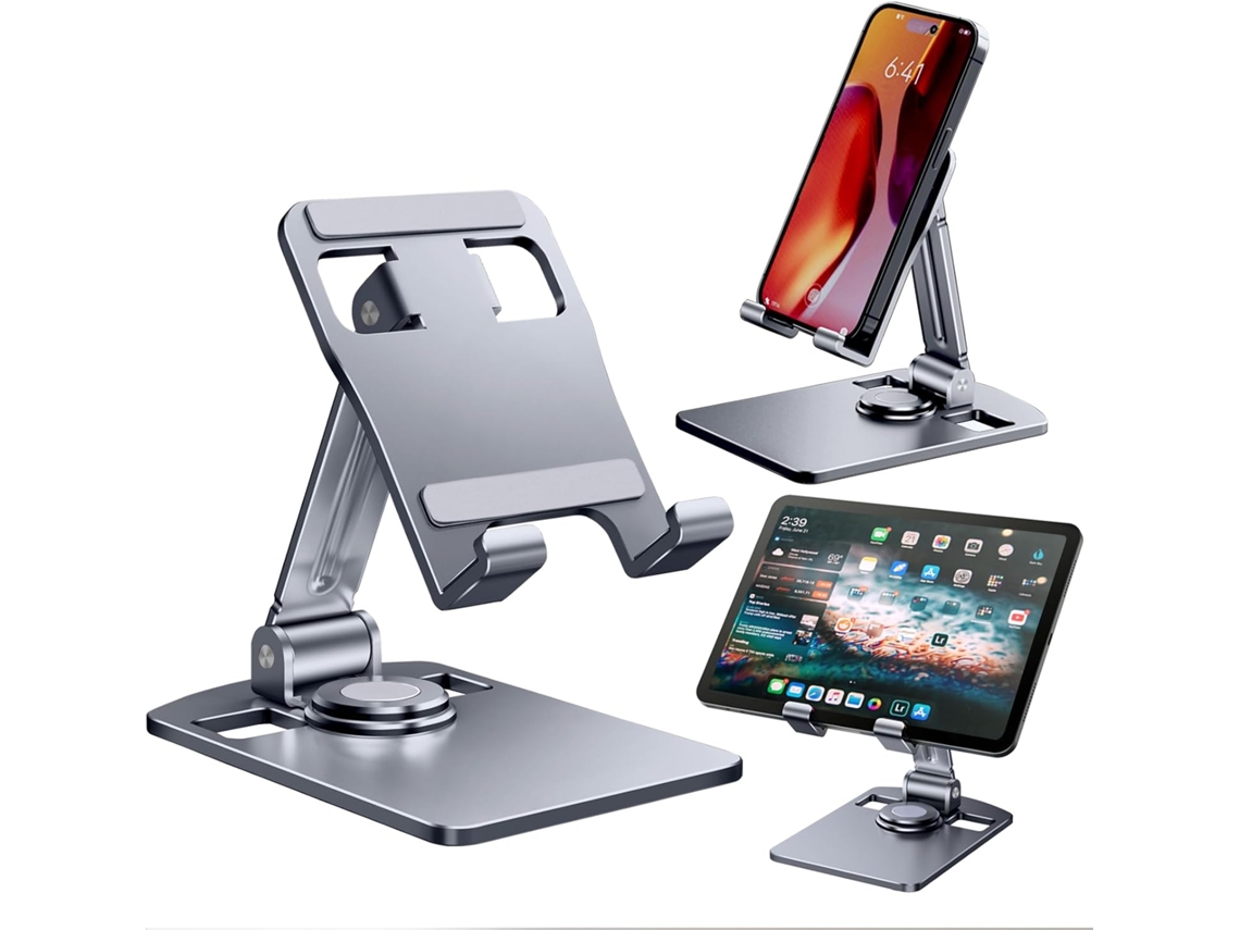 Suporte para Celular de Mesa, Dobrável, com Rotação 360 Graus em Alumínio (cinza AQUAFORGE