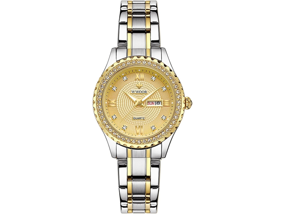 Lurelia Relógio Feminino, Movimento De Quartzo, Data/calendário, Detalhes Com Strass, Aço Inoxidável, Prata, Dourado
