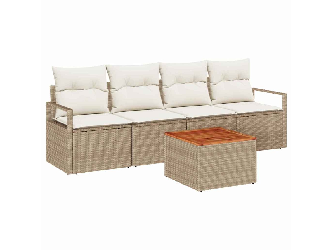 Conjunto de Sofá de Jardim com Almofada 5 Pcs Bege Vime Pe HARLANV1