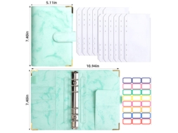 A6 Marble Pattern Pu Leather Ring Binder Budget Journal With Corner Protector Green, 12-zipper Bags, Large Label