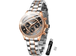 Lurelia Relógio Cronógrafo Feminino, Luminoso, Detalhes Com Strass, Aço Inoxidável, Resistente À Água, Rosa Ouro, Preto