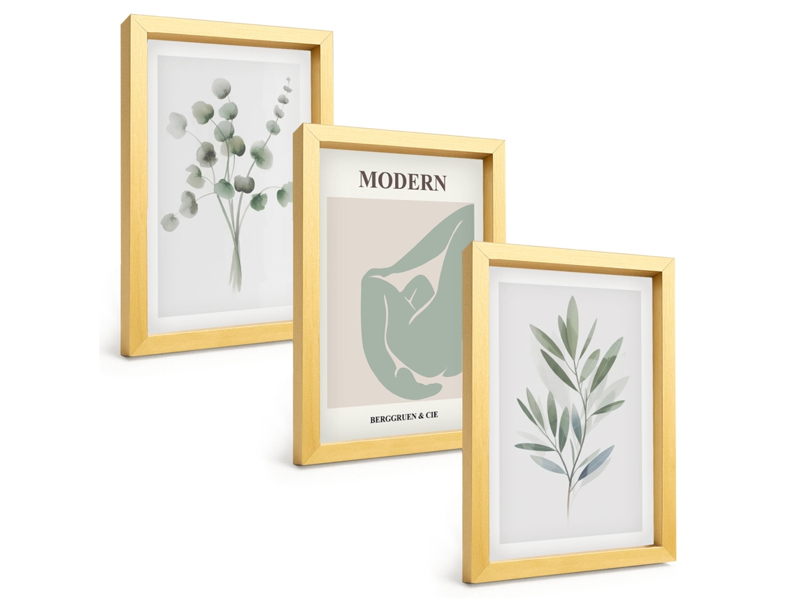 Composição De Quadros Motivos Florais Em Folhagem Espelharte (3 Peças 20x30 Cm)