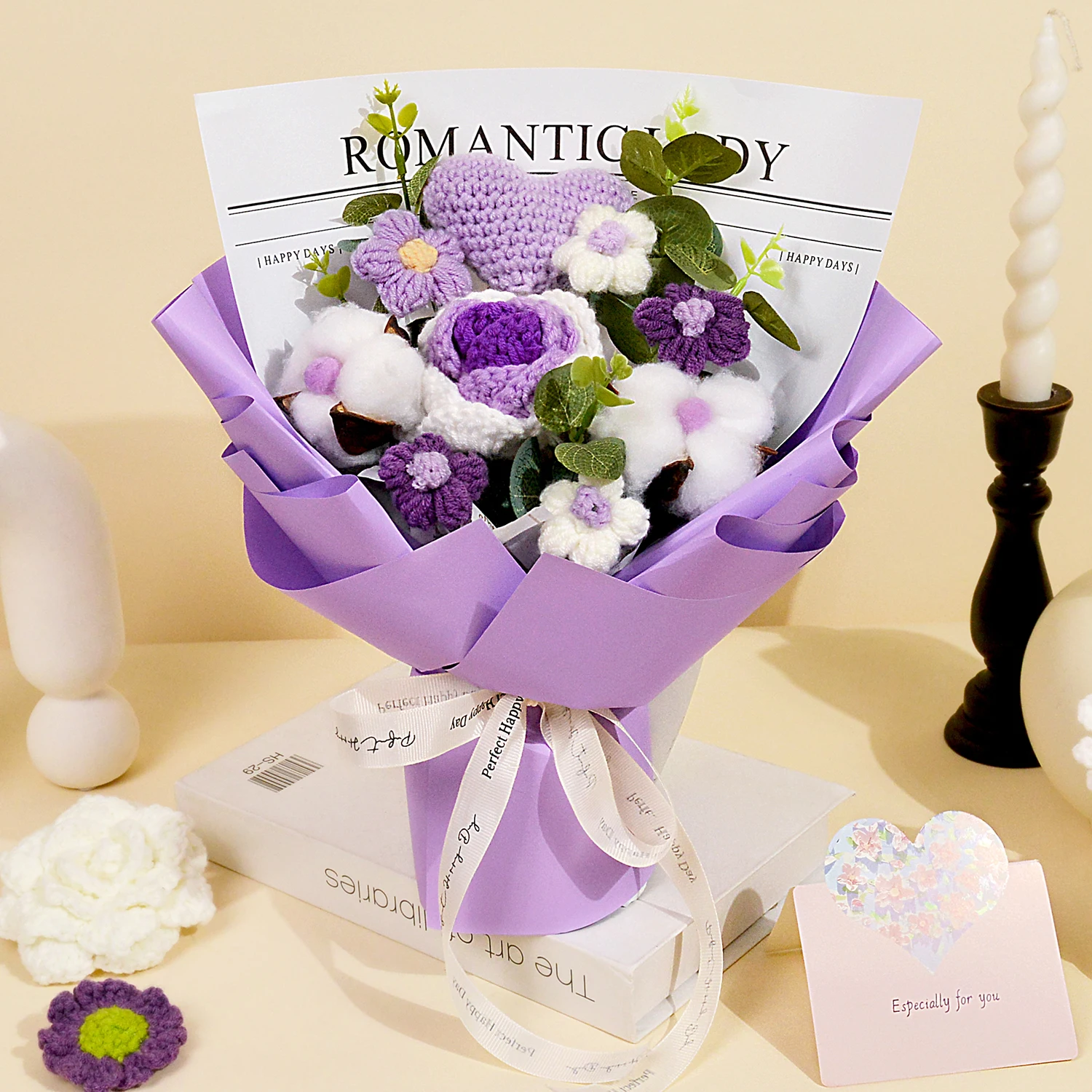 (roxo) Buquê De Rosas Feito À Mão Em Crochê, Buquê De Rosas Artificiais Tricotadas, Conjunto De Buquê Requintado