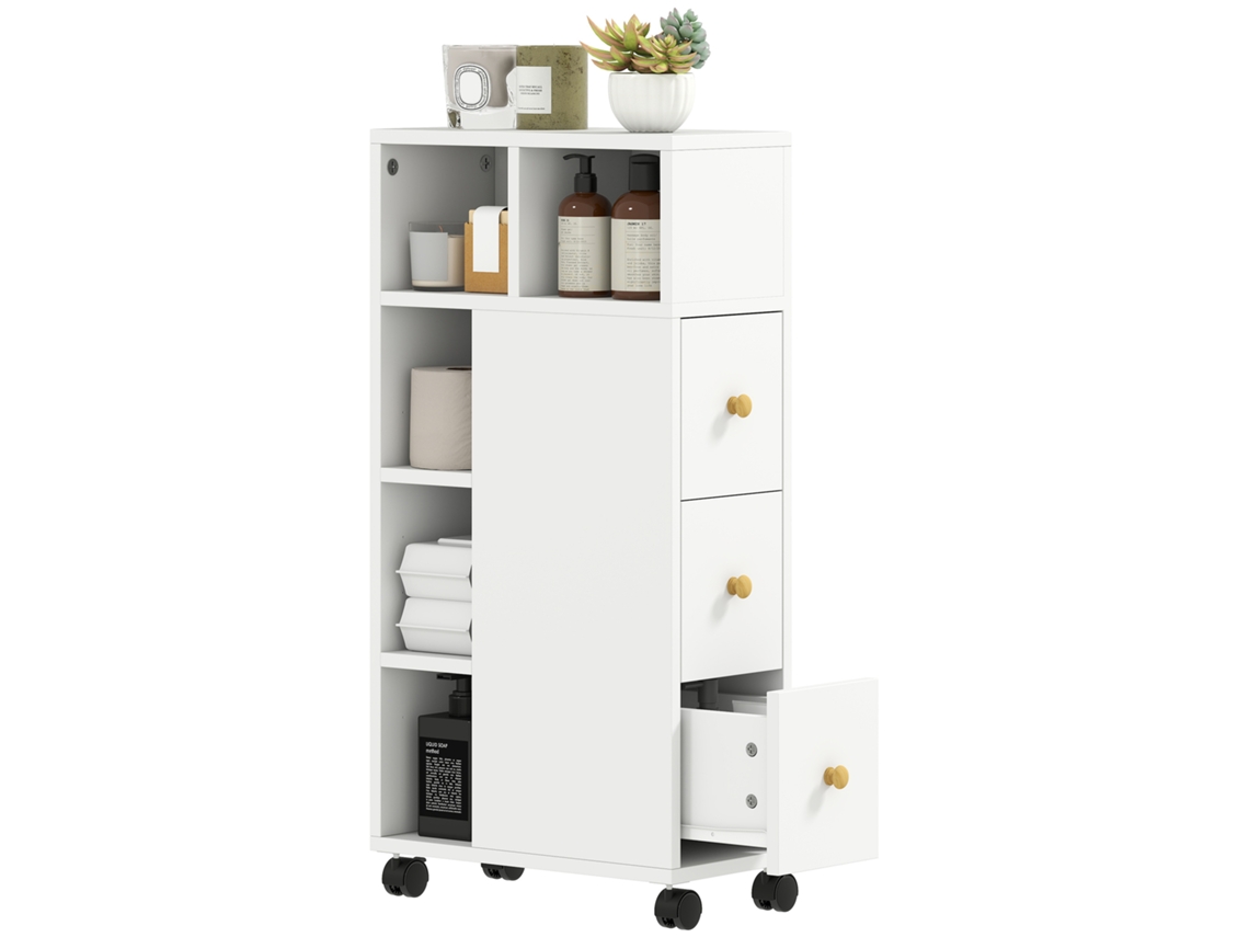 Armário de Banheiro Estreito com 4 Rodas, 3 Gavetas, 5 Compartimentos, 20x40x80cm, Branco | S/MARCA
