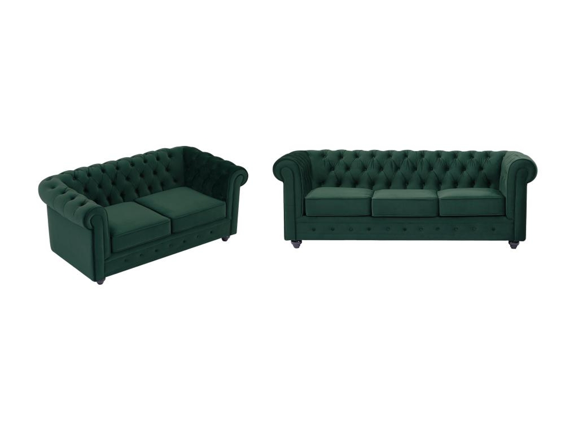 Sofá de 3 lugares e 2 lugares de veludo verde CHESTERFIELD VENTE-UNIQUE.PT (72 x 205 x 88 cm)