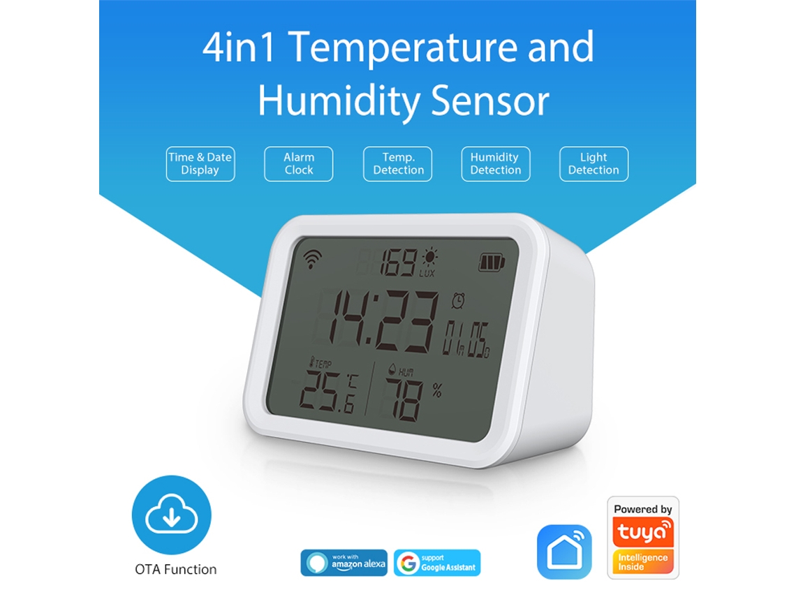 Sensor Inteligente Wifi 4 Em 1 Tuya: Temperatura, Humedad, Luz, Relógio Despertador Com App