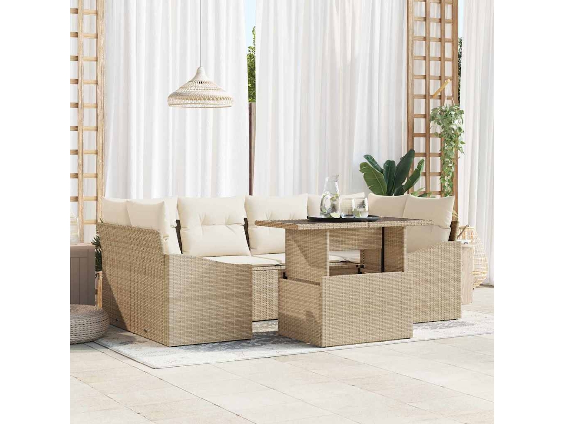 Vidaxl Conjunto De Sofá De Jardim 7 Unid. Bege E Creme Vime Pe