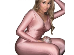Conjunto De Esporte Casual Com Blusa De Gola V E Calça De Cintura Alta Para Mulher Cinza-rosado Pálido