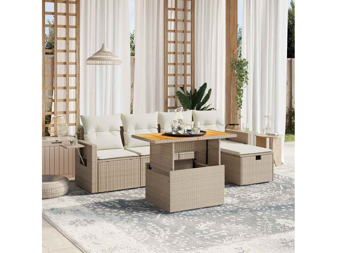 Vidaxl 6 Pcs Conjunto De Sofás P/ Jardim Com Almofadões Vime Pe Bege