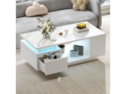 Mesa Centro 100x50x36 Led Gaveta 4 Compartimentos Design Vazado Branco