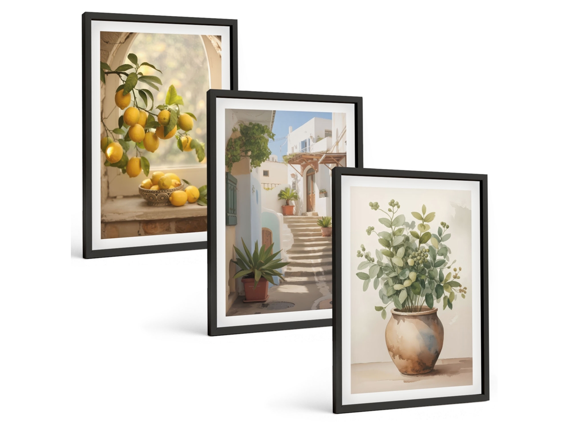 Quadros Decorativos Para Parede Limões Em Um Vaso, Plantas Moldura Preta Quadros Para A Sala De Estar Espelharte (3 Piezas De 40x60 Cm)