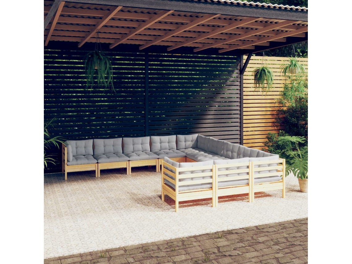 Vidaxl 11 Pcs Conjunto Lounge De Jardim C/ Almofadões Cinza Pinho