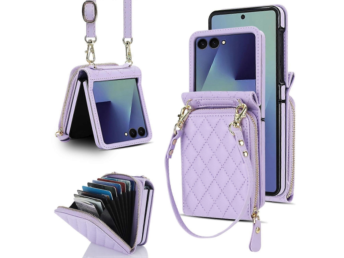 Capa De Couro Com Zíper Grande, Compartimento Para Cartão E Alça Transversal Para Samsung Galaxy Z Flip7 5g