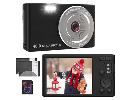 Câmera Digital Hd 4K Recarregável de 48 Mp com Zoom Digital 16X Compacta de 2,7'' com Cartão Sd de 32 Gb e 2 Baterias Preta
