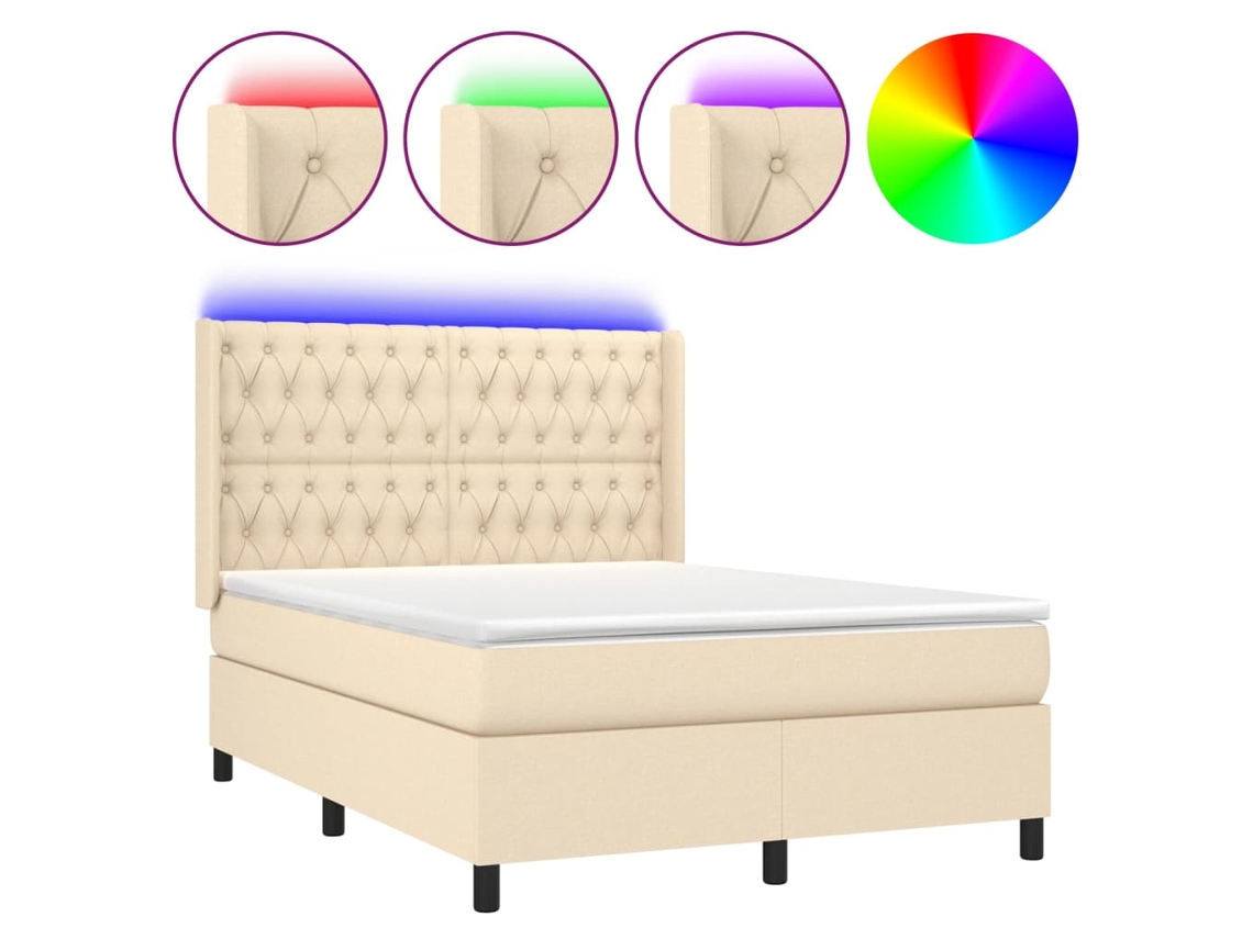 Cama Box Spring com Colchão e Led 140x200 cm Tecido Cor Creme MAISON EXCLUSIVE