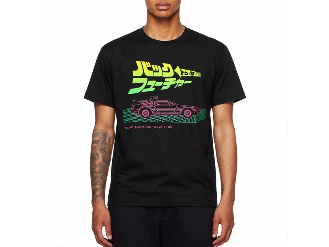 Rockinstone Back To The Future Movie Neon And Japanese Logo Black Adult T-shirt Size:s